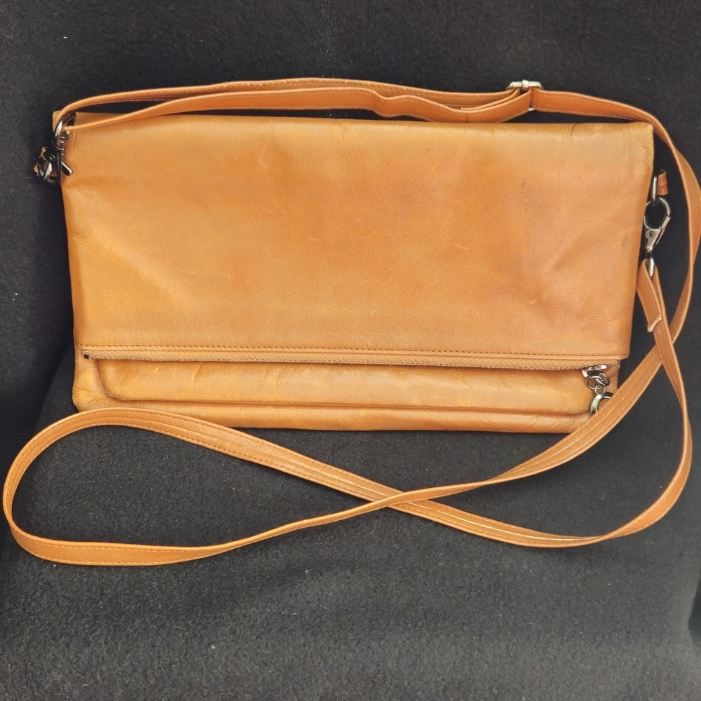 Sleek Tan Soft Leather Fold-Over Crossbody Bag - Adjustable Strap